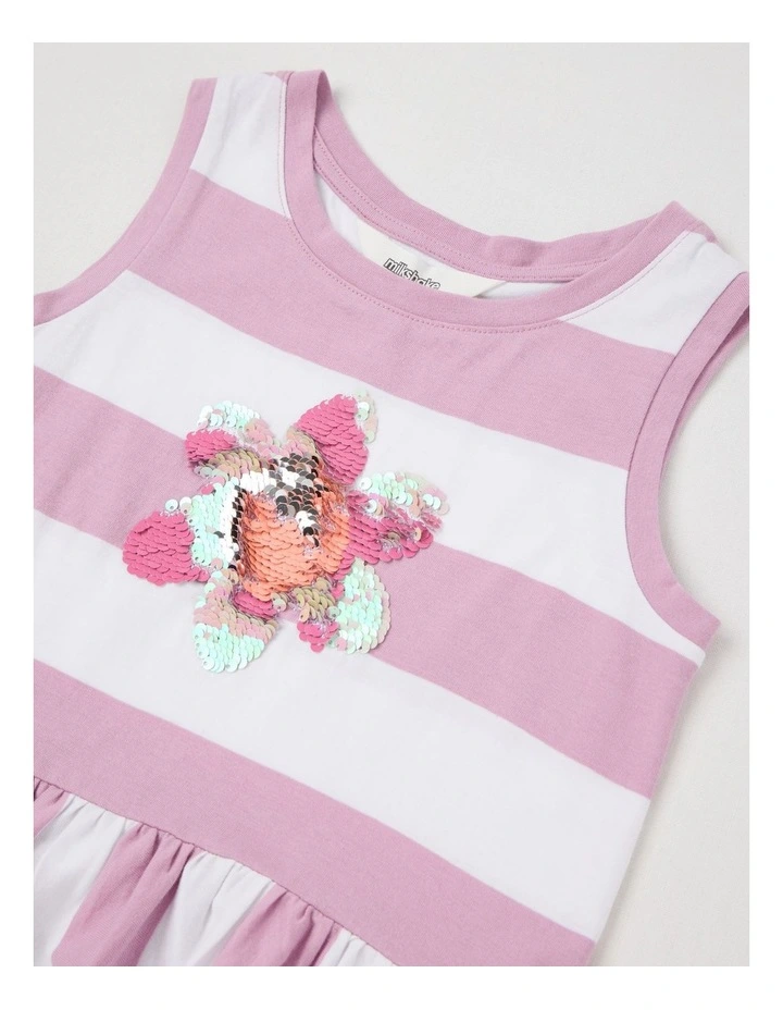 Sleeveless Striped Tank Top With Frill Hem in Flower/ Purple & White image 4