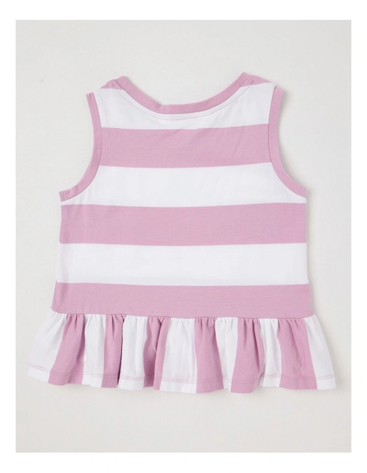 Sleeveless Striped Tank Top With Frill Hem in Flower/ Purple & White image 5