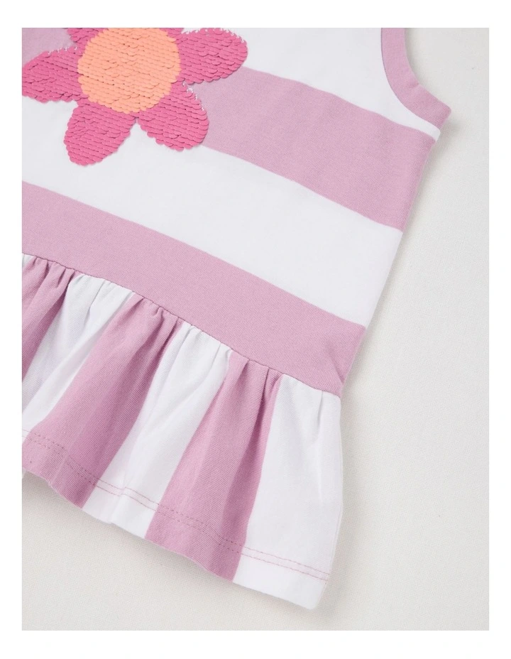 Sleeveless Striped Tank Top With Frill Hem in Flower/ Purple & White image 6