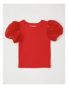 Short Sleeve Knit Top With Applique Puff Sleeves in Hearts/ Red