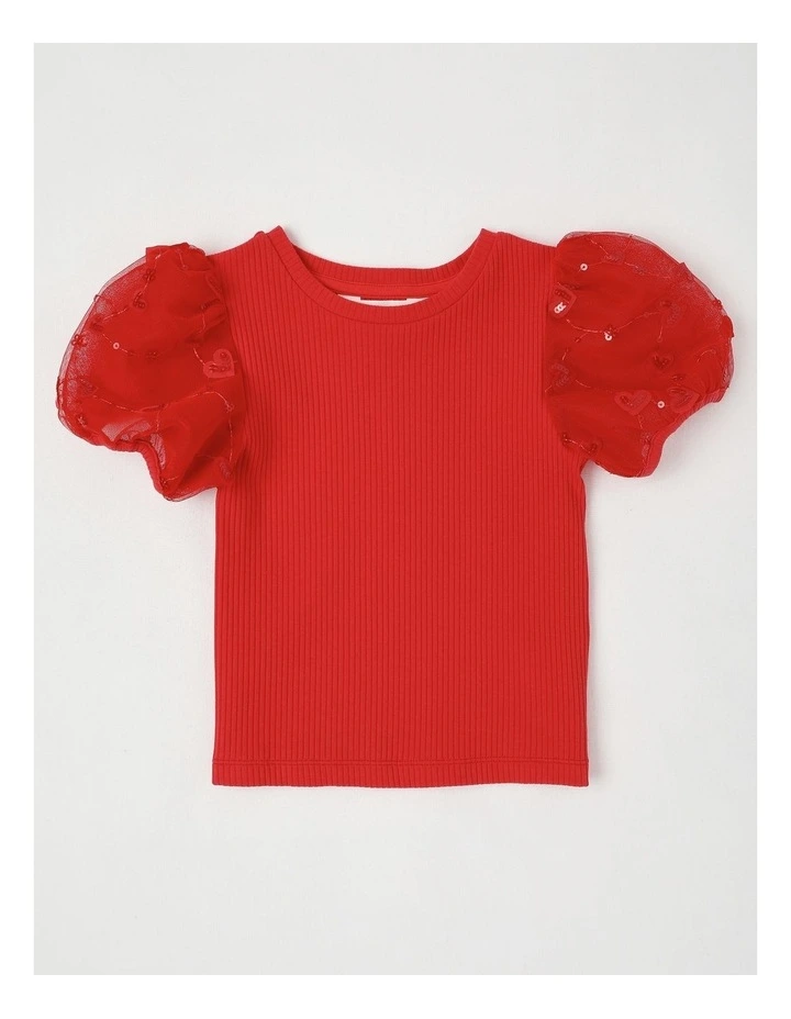 Short Sleeve Knit Top With Applique Puff Sleeves in Hearts/ Red image 1