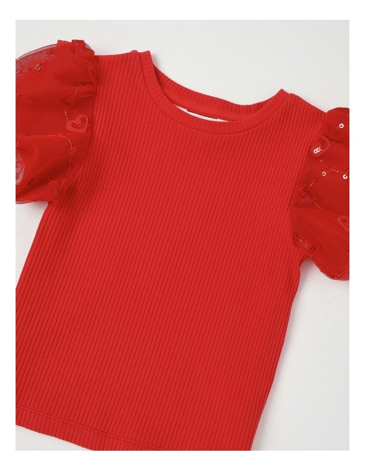 Short Sleeve Knit Top With Applique Puff Sleeves in Hearts/ Red image 2