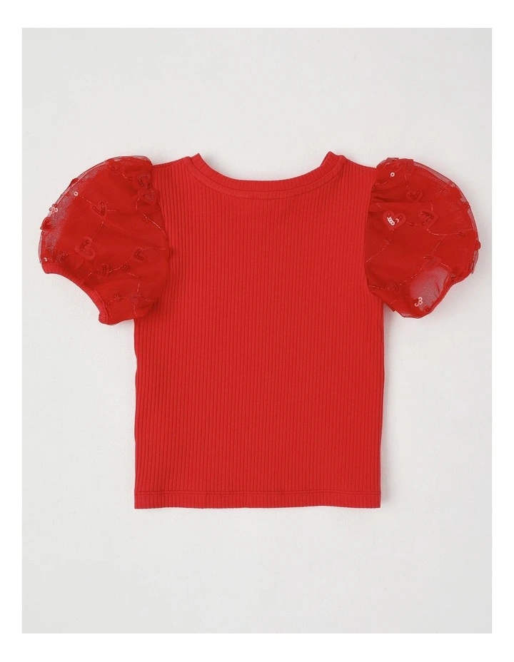 Short Sleeve Knit Top With Applique Puff Sleeves in Hearts/ Red image 3