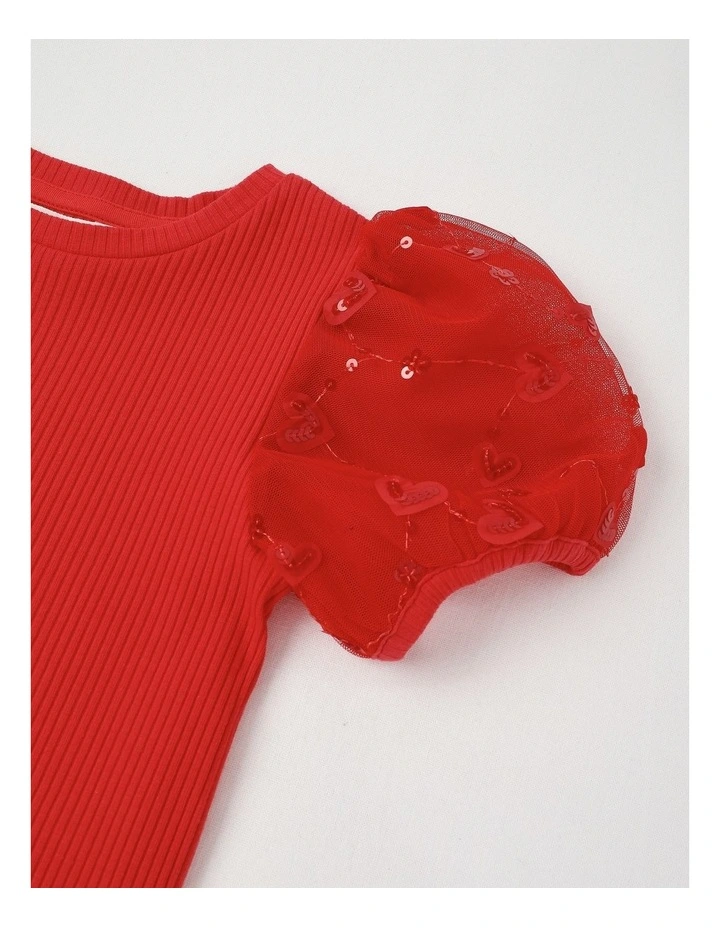 Short Sleeve Knit Top With Applique Puff Sleeves in Hearts/ Red image 4