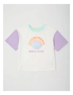 Short Sleeve Colourblock Top With Glitter Shell in Purple/ White