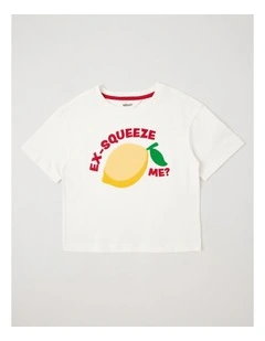 Oversized Tee With Crochet Applique in Ex-Squeeze Me Lemon/White