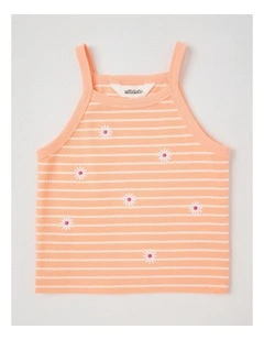 Halter Top Tank With Daisy Embroidery in Peach Stripe