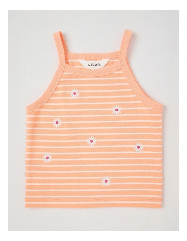 Halter Top Tank With Daisy Embroidery in Peach Stripe image 1
