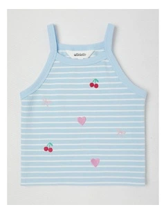 Halter Top Tank With Cherry/ Heart/ Bow Embroidery in Light Blue Stripe