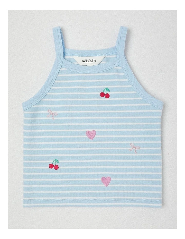 Halter Top Tank With Cherry/ Heart/ Bow Embroidery in Light Blue Stripe image 1