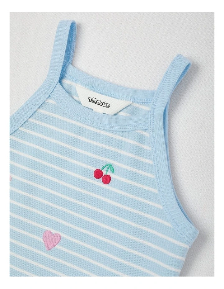 Halter Top Tank With Cherry/ Heart/ Bow Embroidery in Light Blue Stripe image 2