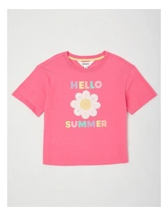 Oversized Tee With Crochet Applique in Hello Summer Daisy/Pink