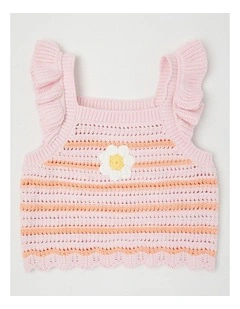 Crochet Top With Daisy Applique in Pink/Peach Stripe