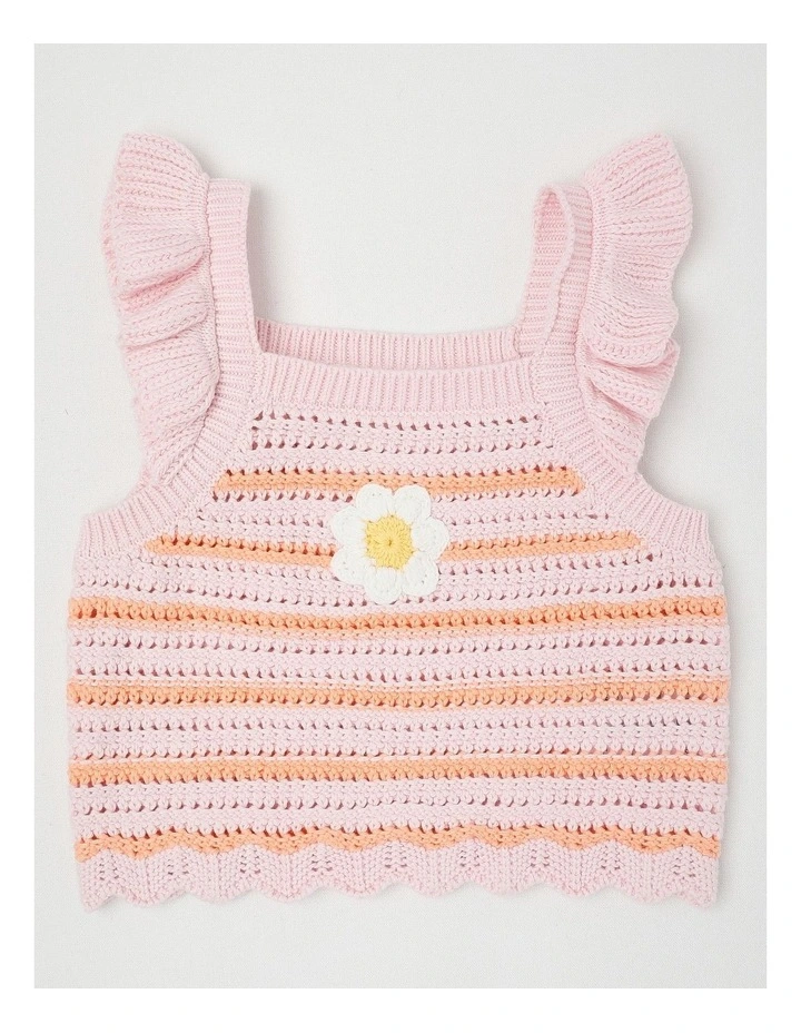 Crochet Top With Daisy Applique in Pink/Peach Stripe image 1