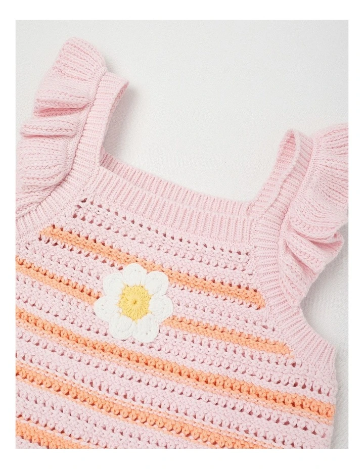Crochet Top With Daisy Applique in Pink/Peach Stripe image 2