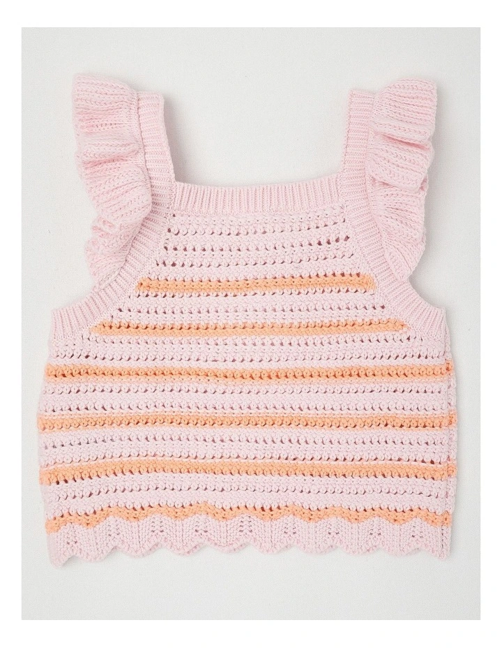 Crochet Top With Daisy Applique in Pink/Peach Stripe image 3