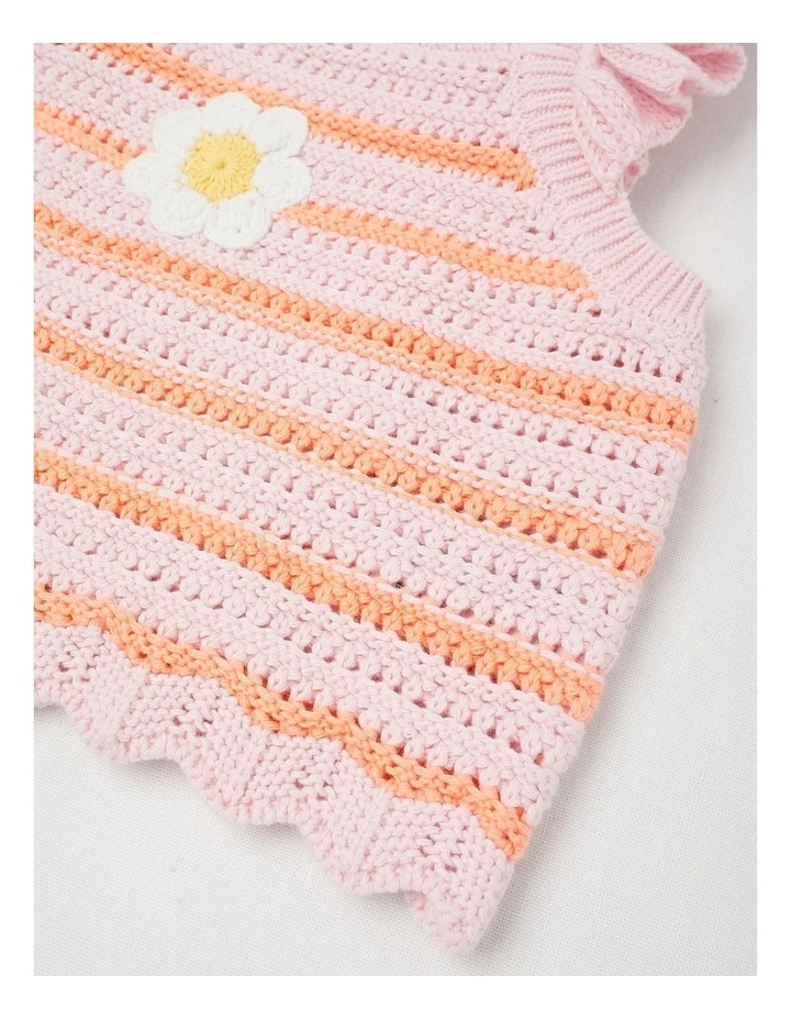Crochet Top With Daisy Applique in Pink/Peach Stripe image 4
