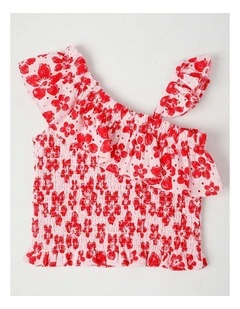 Asymmetric Frill Neck Broiderie Top in Hibiscus Red & Pink