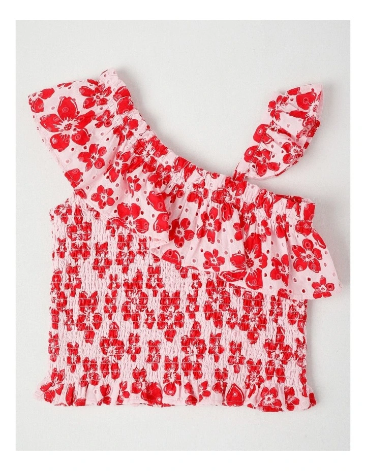 Asymmetric Frill Neck Broiderie Top in Hibiscus Red & Pink image 1