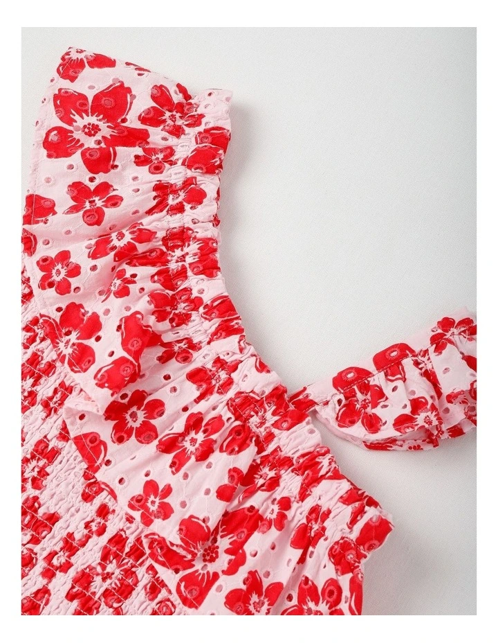 Asymmetric Frill Neck Broiderie Top in Hibiscus Red & Pink image 2