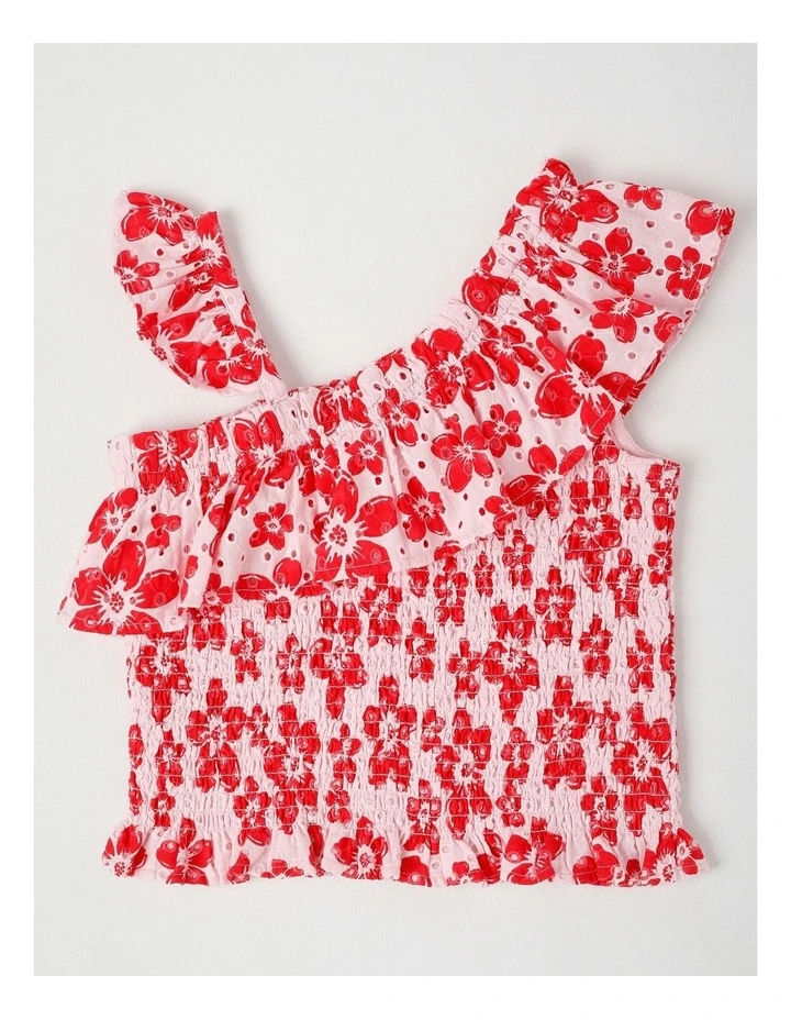 Asymmetric Frill Neck Broiderie Top in Hibiscus Red & Pink image 3