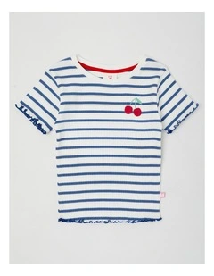 Rib T-Shirt with Cherry Embroidery in Navy & White Stipe