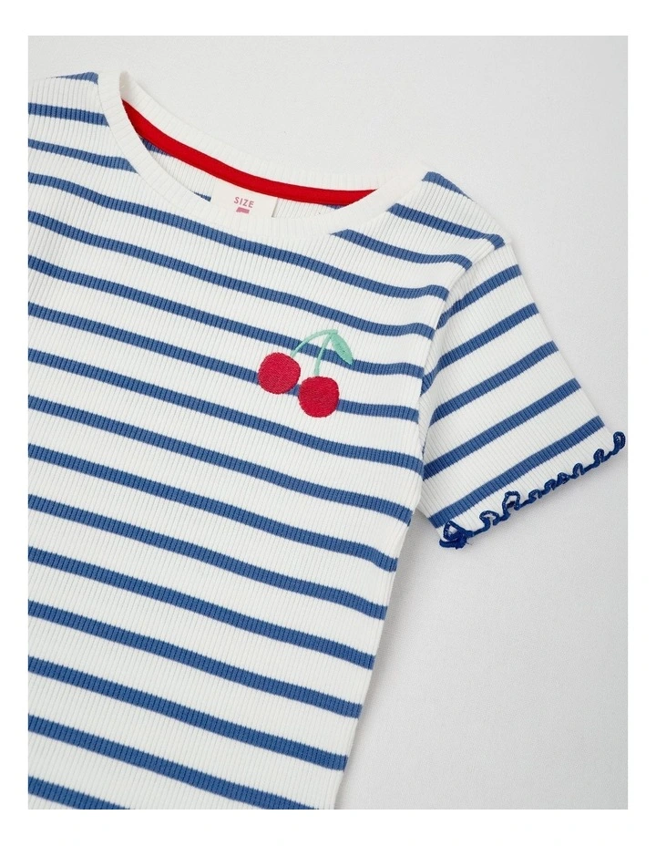 Rib T-Shirt with Cherry Embroidery in Navy & White Stipe image 2