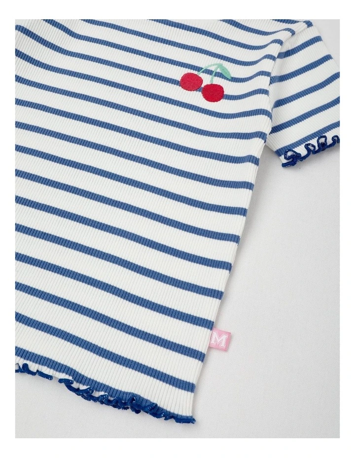Rib T-Shirt with Cherry Embroidery in Navy & White Stipe image 4