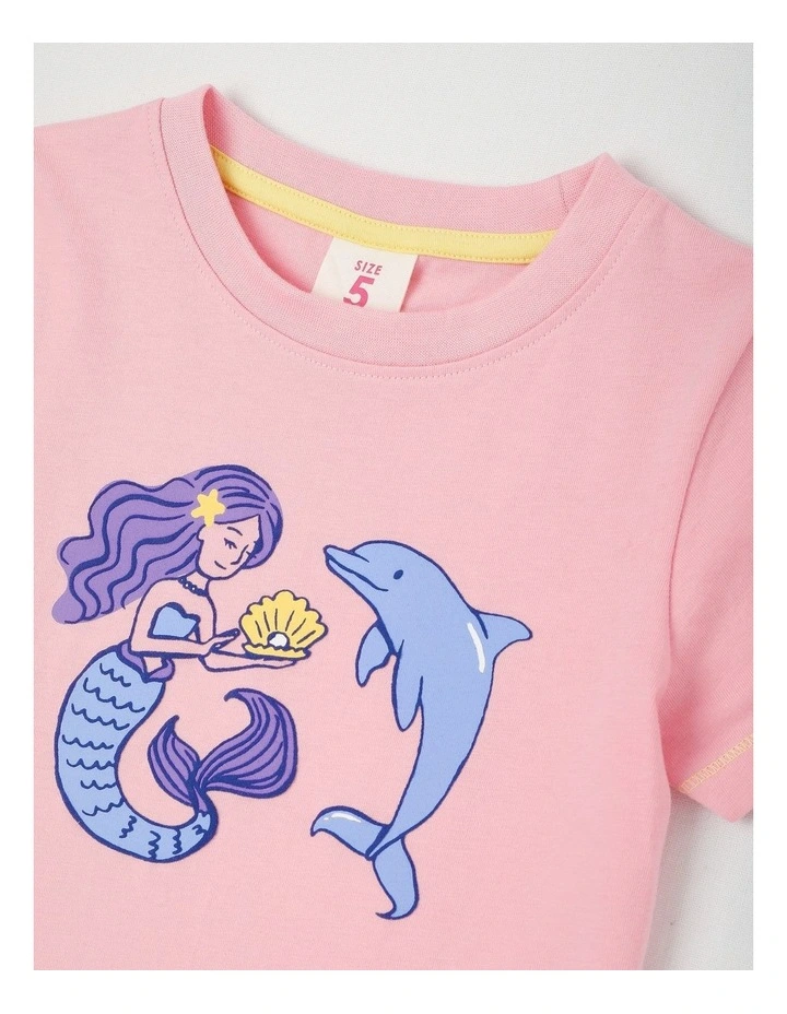 Essentials Short Sleeve Print Tee in Mermaid & Dolphin/Pink image 2