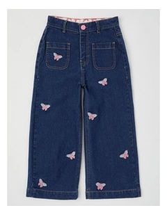 Wide Leg Denim Culotte With Butterflies in Mid Denim