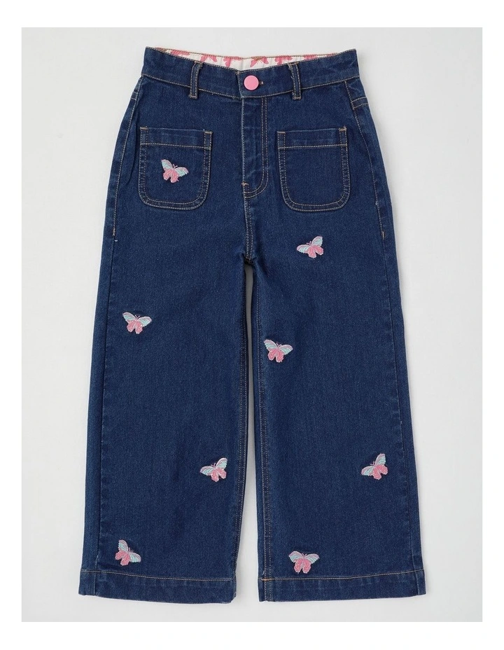 Wide Leg Denim Culotte With Butterflies in Mid Denim image 1