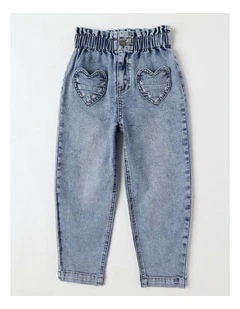 Paperbag Waist Denim Jean w Heart Pocket in Mid Denim
