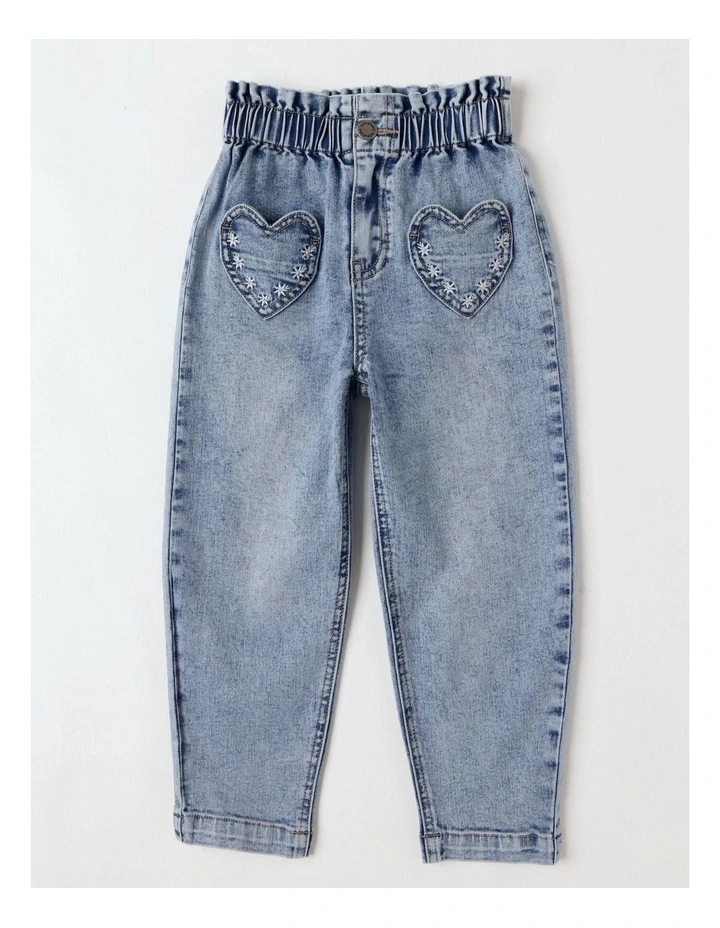 Paperbag Waist Denim Jean w Heart Pocket in Mid Denim image 1