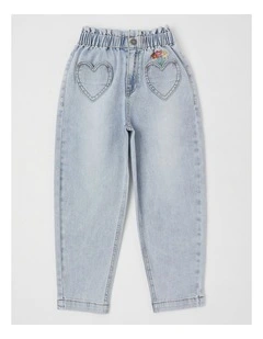 Paperbag Waist Denim Jean w Heart Pocket in Light Wash