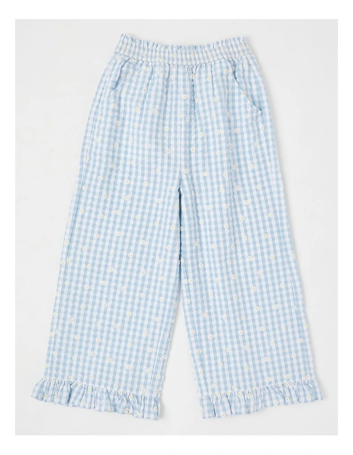 Frill Trim Pant With Embroidery in Daisies/Blue Gingham image 1