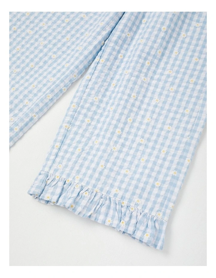 Frill Trim Pant With Embroidery in Daisies/Blue Gingham image 4