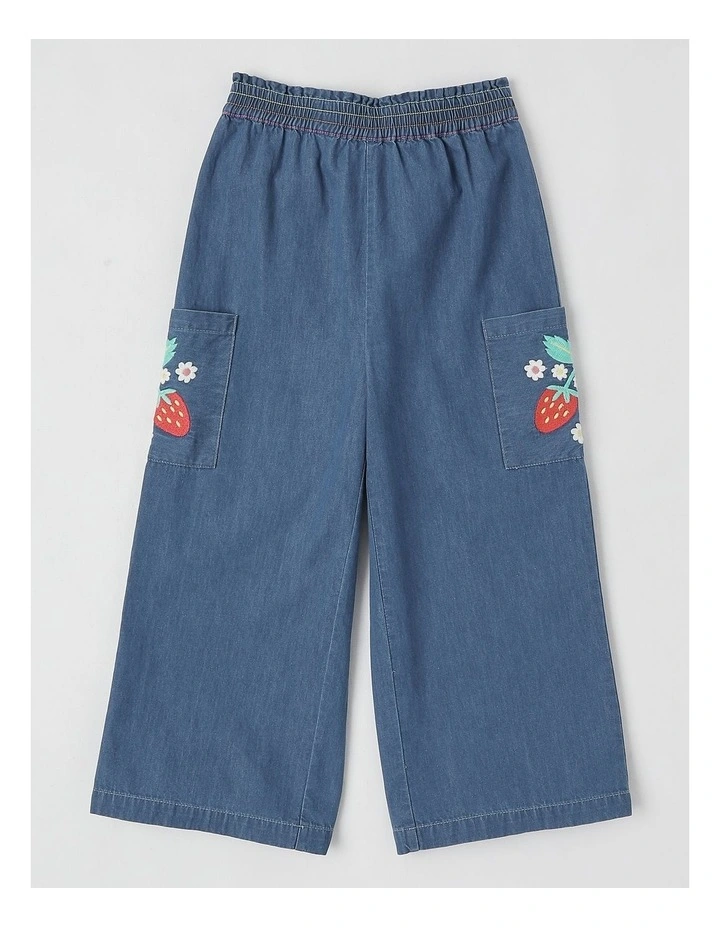 Cargo Pant With Flower Embroidery in Mid Denim image 1