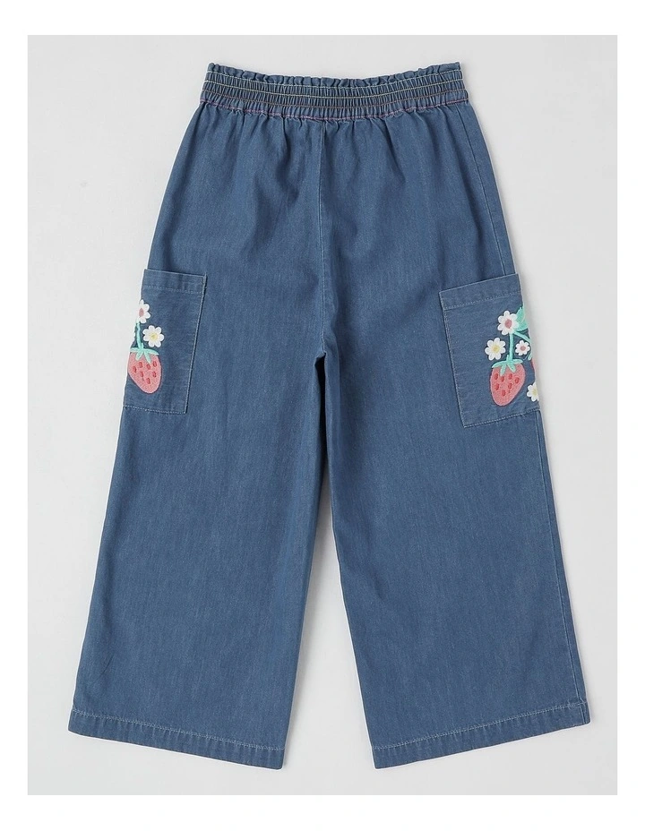 Cargo Pant With Flower Embroidery in Mid Denim image 3