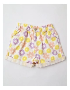 Paperbag Waist Denim Short With Daisies in Yellow
