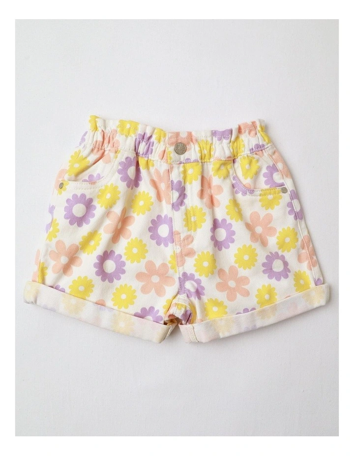 Paperbag Waist Denim Short With Daisies in Yellow image 1