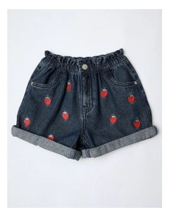 Paperbag Waist Denim Short With Strawberries in Dark Denim