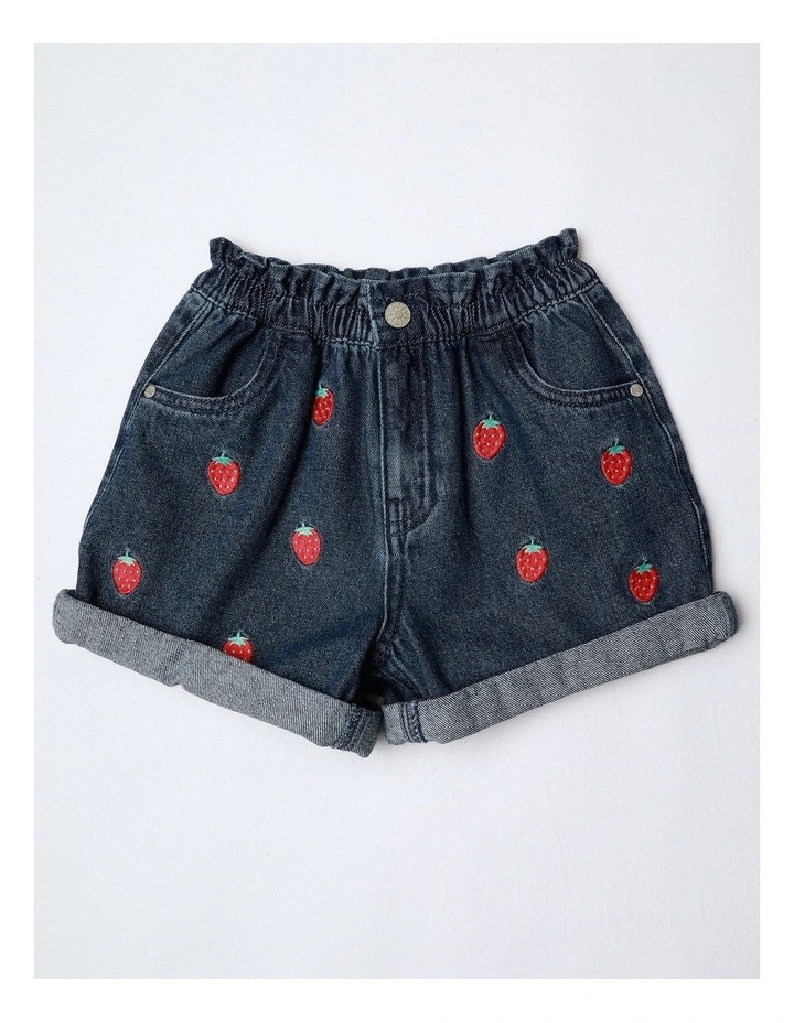Paperbag Waist Denim Short With Strawberries in Dark Denim image 1