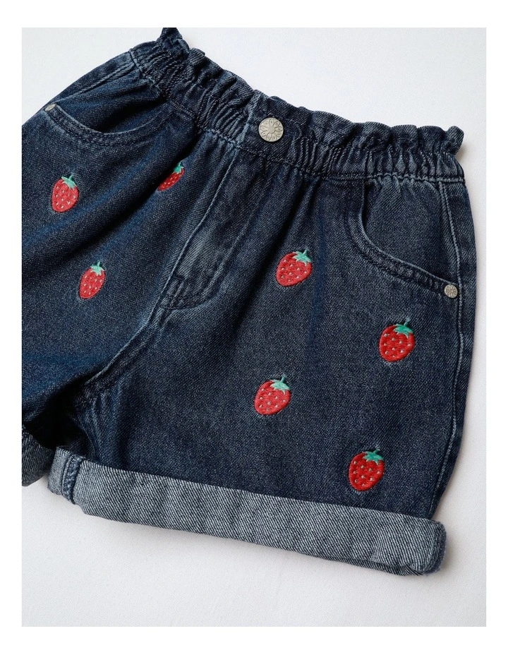 Paperbag Waist Denim Short With Strawberries in Dark Denim image 2