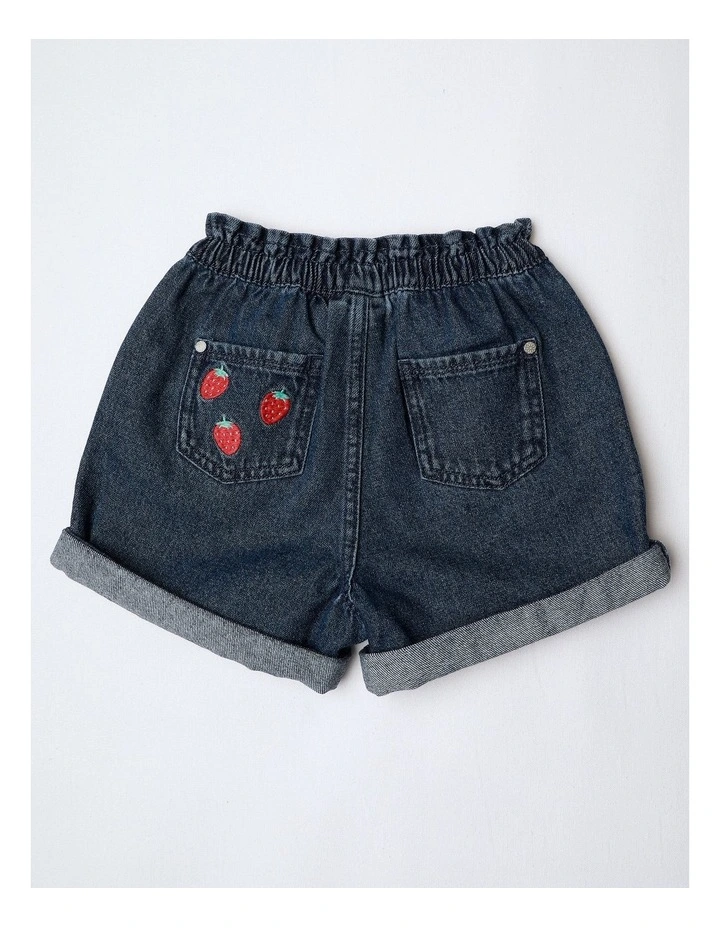 Paperbag Waist Denim Short With Strawberries in Dark Denim image 3