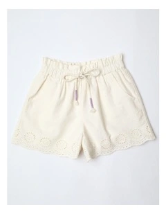 Paperbag Short with Broiderie Hem in White