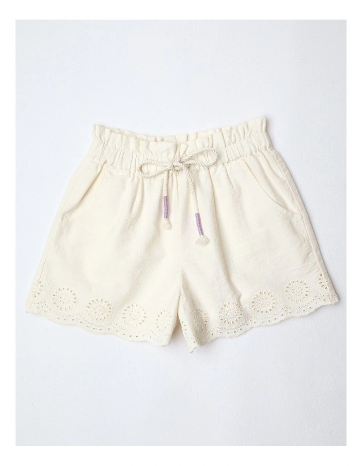 Paperbag Short with Broiderie Hem in White image 1