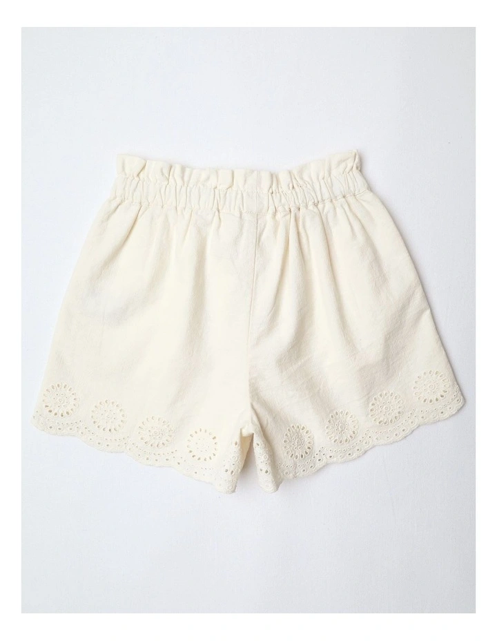 Paperbag Short with Broiderie Hem in White image 3