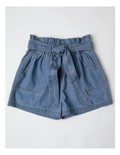 Chambray Short with Tie in Mid Denim