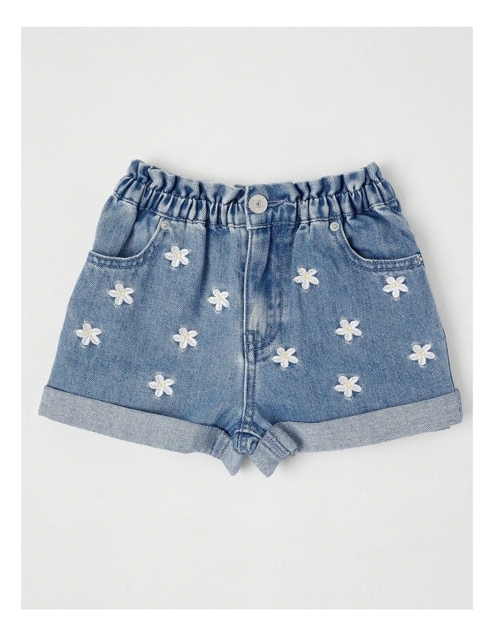 Paper Bag Waist Denim Short with Embroidery in Daisies/Light Denim image 1