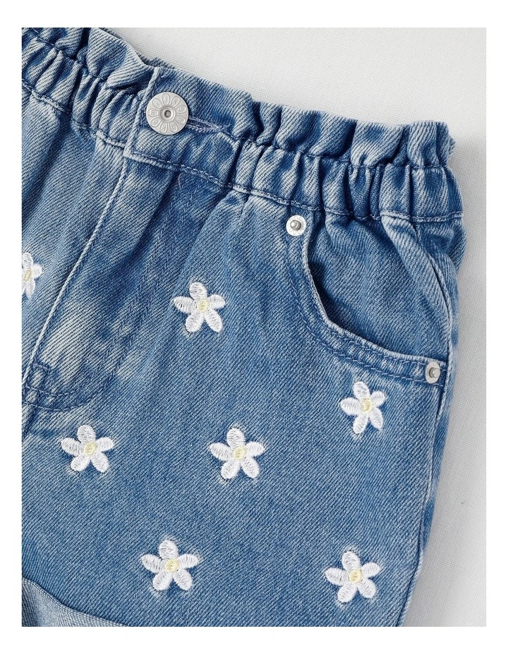 Paper Bag Waist Denim Short with Embroidery in Daisies/Light Denim image 2